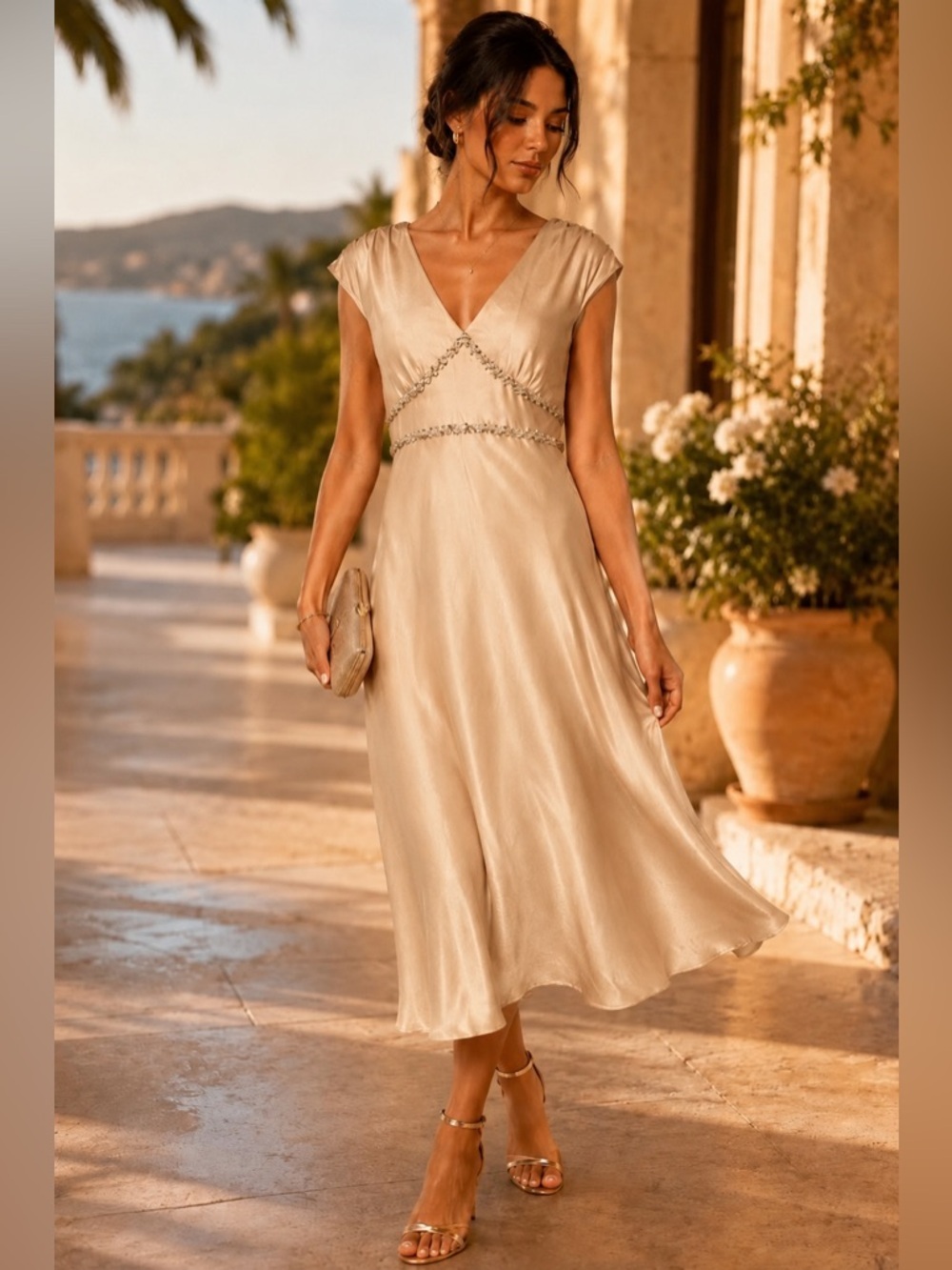 Alfani 100% Silk Beaded Cocktail Dress | Champagne Gold | Size 6